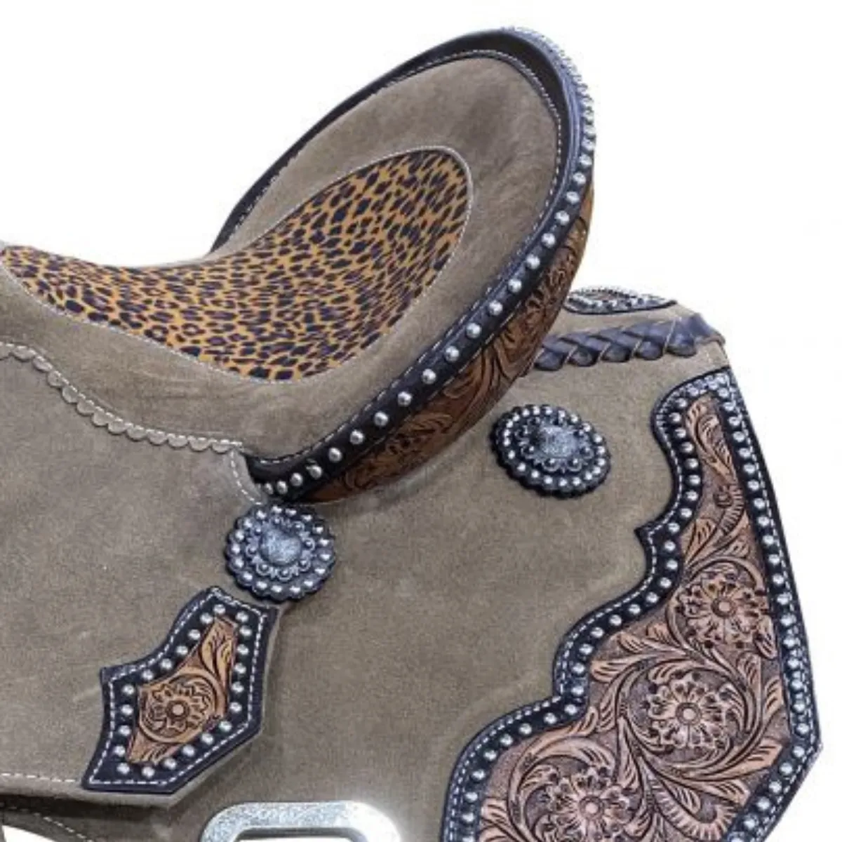 14", 15" DOUBLE T ROUGH OUT BARREL STYLE SADDLE WITH CHEETAH PRINTED INLAY