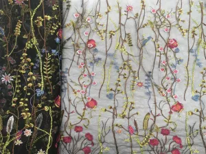 60 inch Floral Embroidered Overlay Tulle- Black Tulle with Pink Yellow Green Flowers