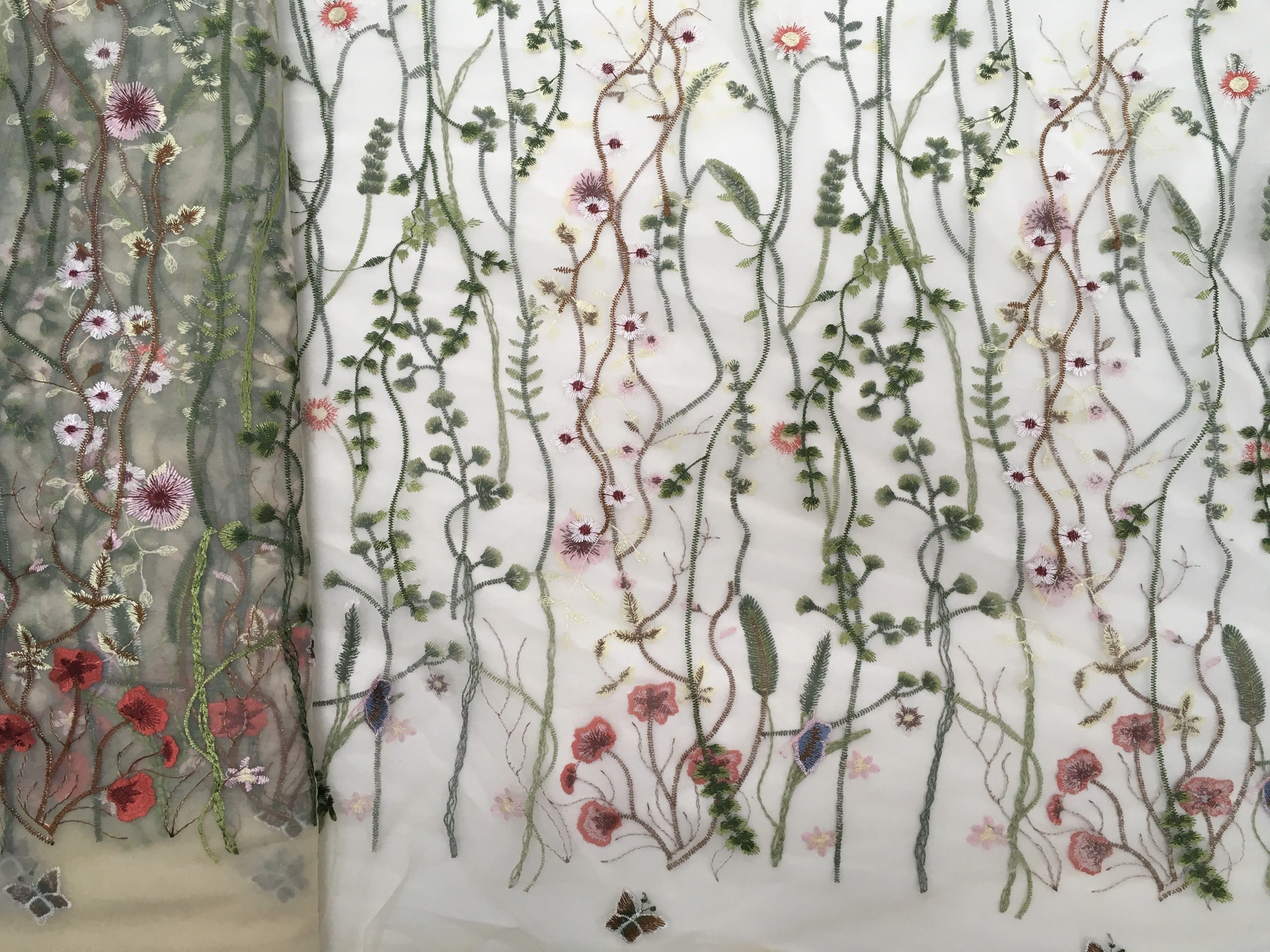 60 inch Floral Embroidered Overlay Tulle- Tan Tulle with Red Green Flowers