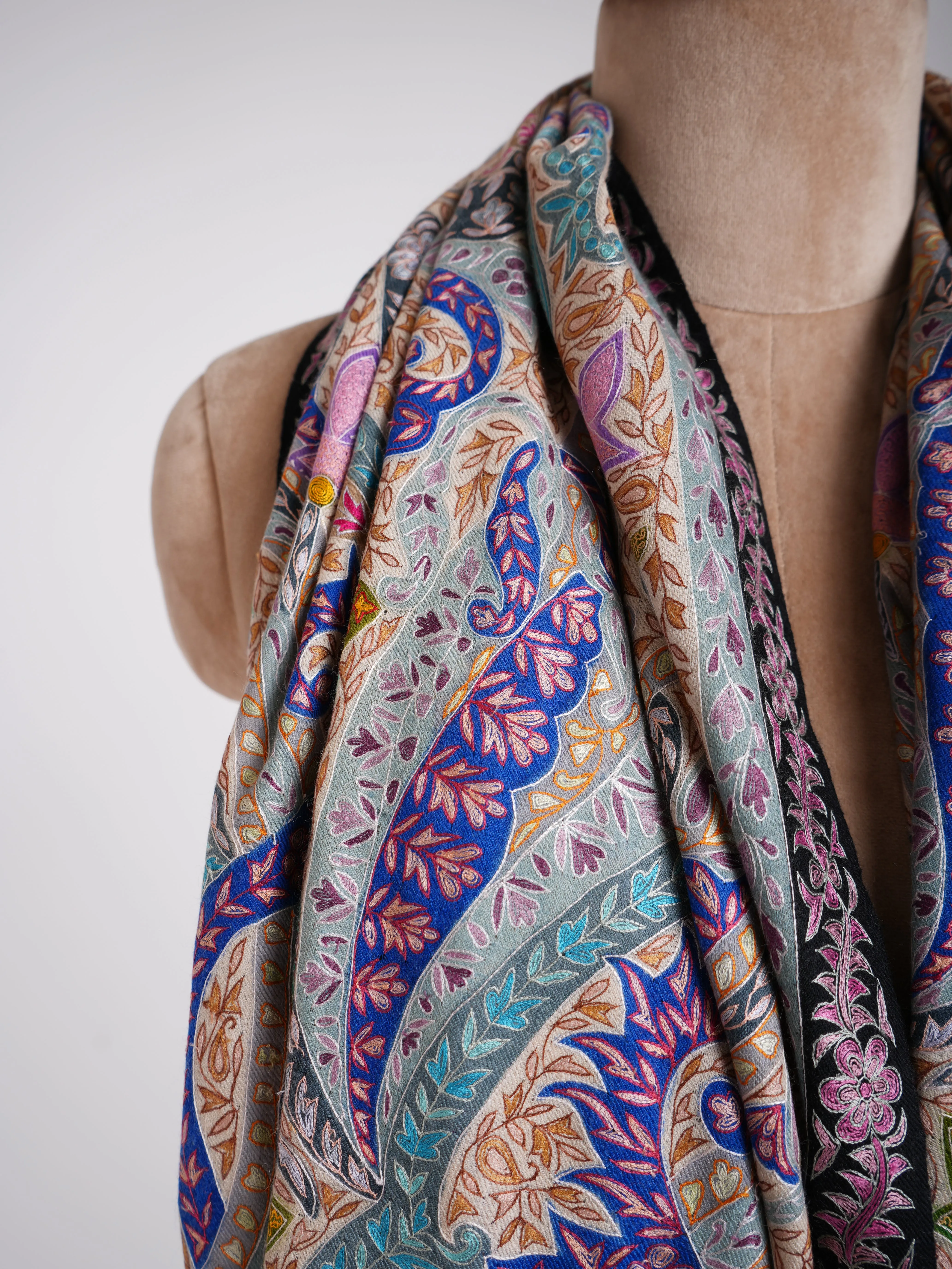 Art Silk Hand Embroidered Kalamkari Pashmina Shawl