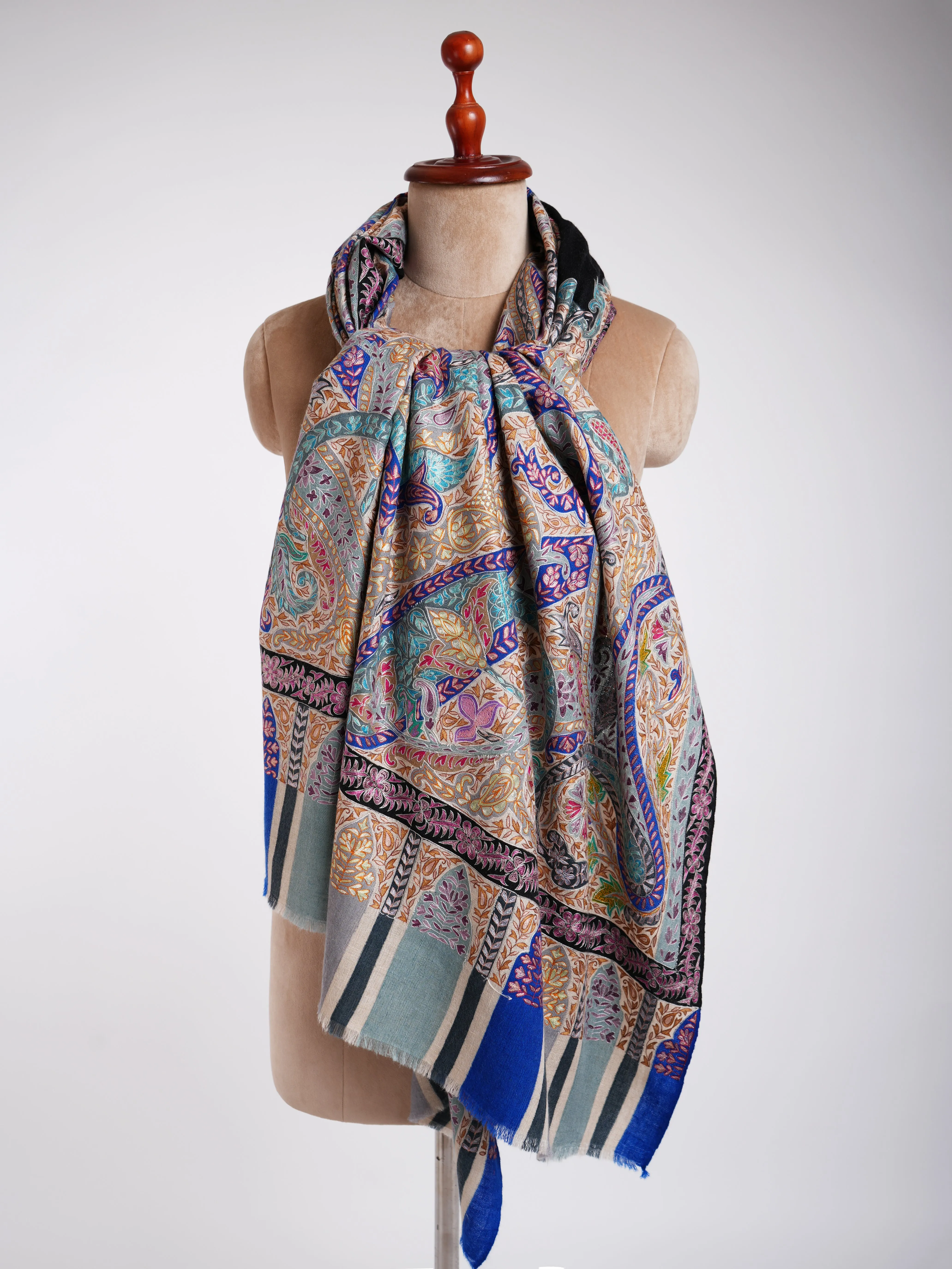 Art Silk Hand Embroidered Kalamkari Pashmina Shawl