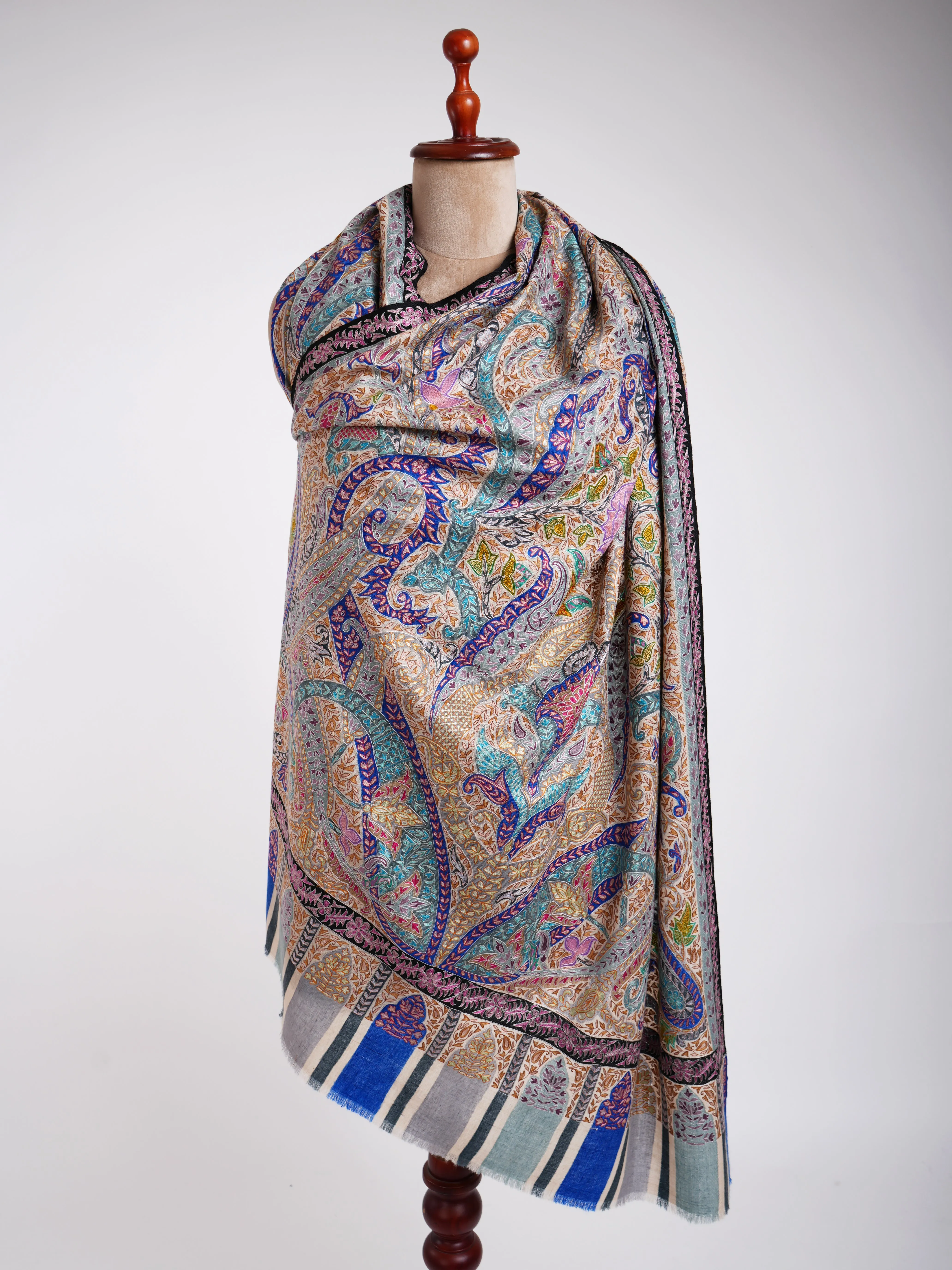 Art Silk Hand Embroidered Kalamkari Pashmina Shawl
