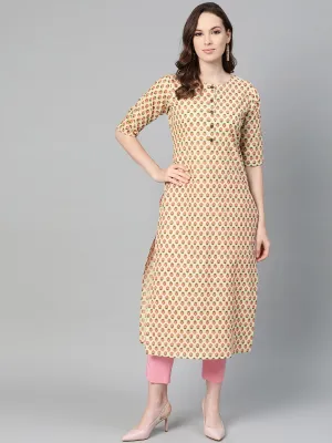 Beige With Multi Floral Printed Kurta With Buttons Detailing