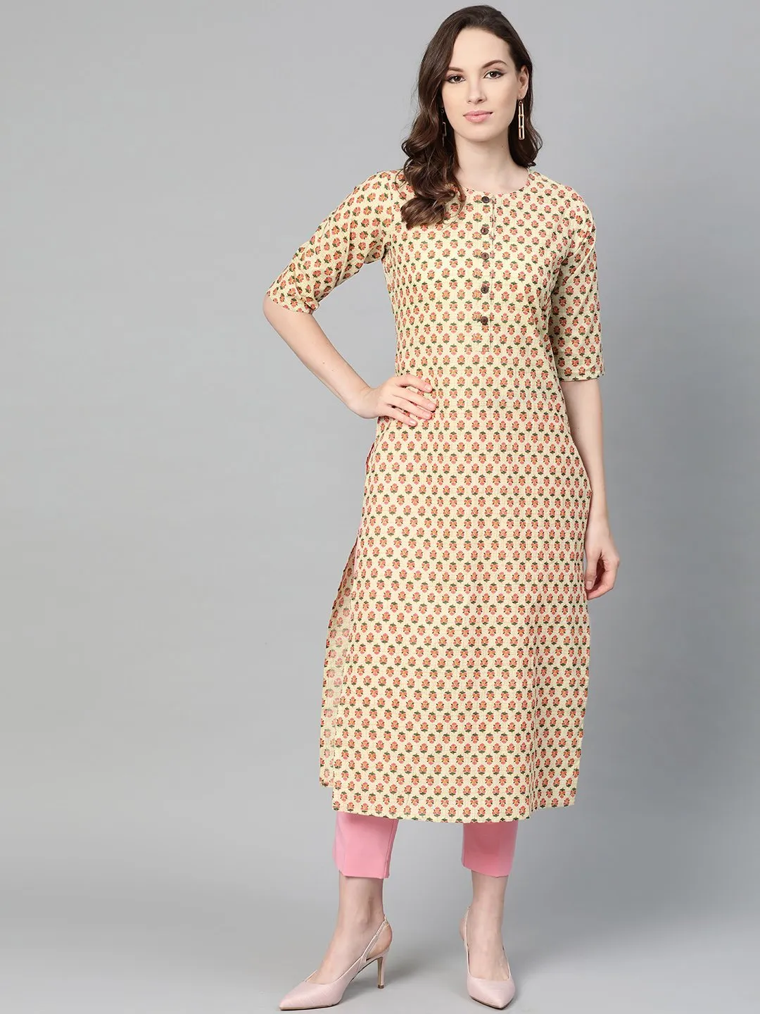 Beige With Multi Floral Printed Kurta With Buttons Detailing