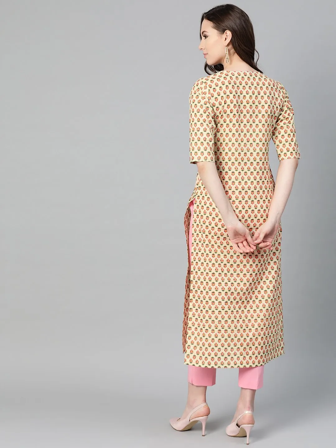 Beige With Multi Floral Printed Kurta With Buttons Detailing