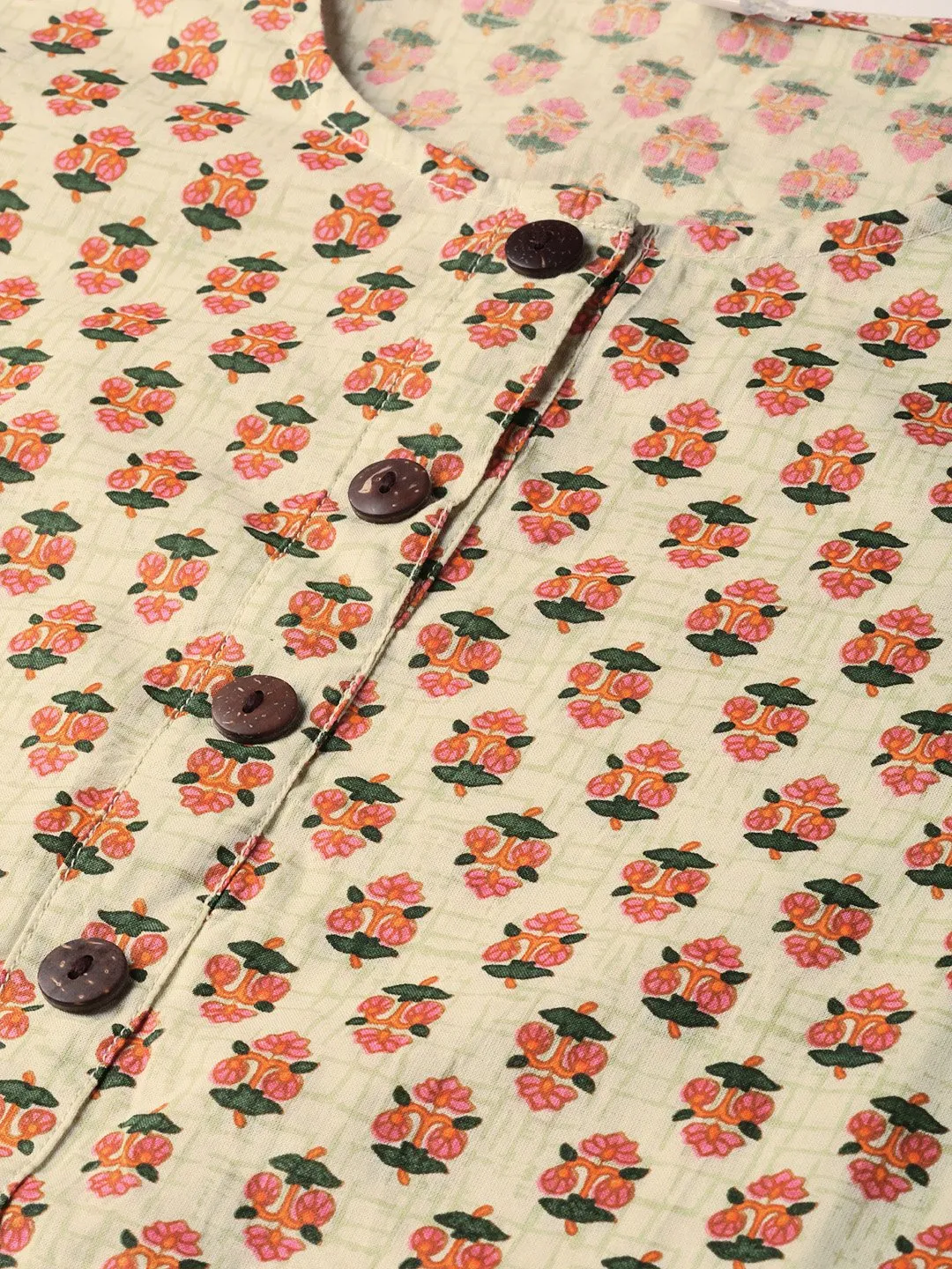Beige With Multi Floral Printed Kurta With Buttons Detailing