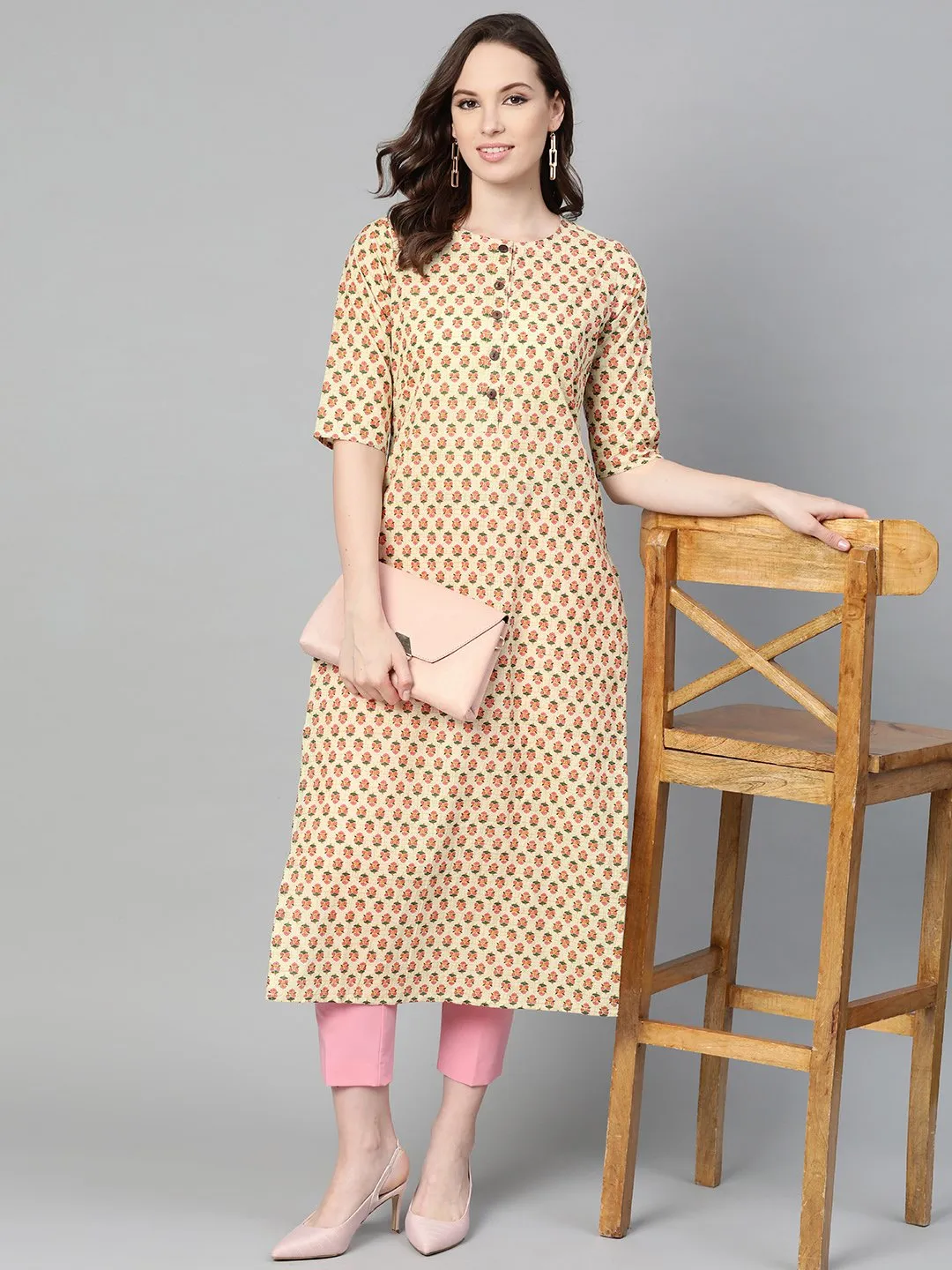Beige With Multi Floral Printed Kurta With Buttons Detailing