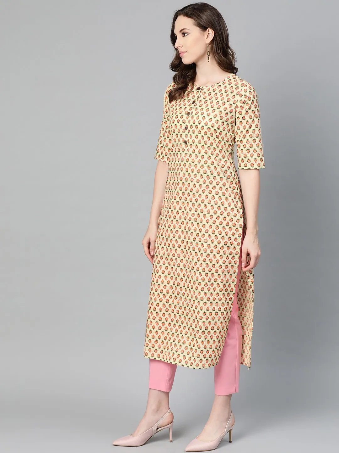 Beige With Multi Floral Printed Kurta With Buttons Detailing