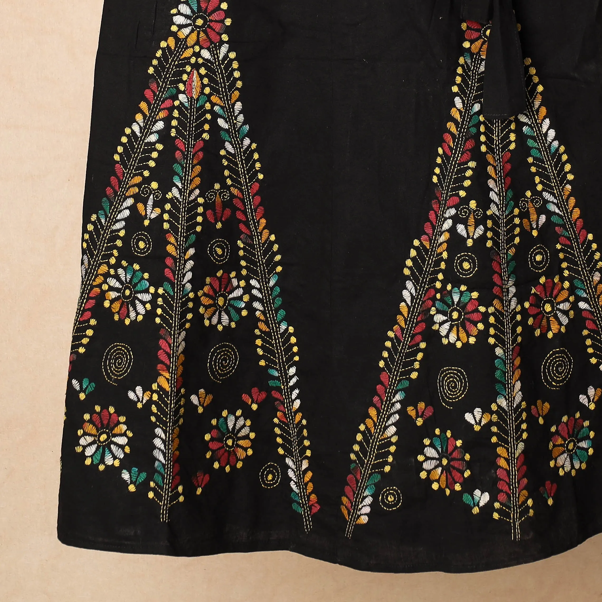 Black - Bengal Kantha Embroidery Cotton Wrap Around Skirt