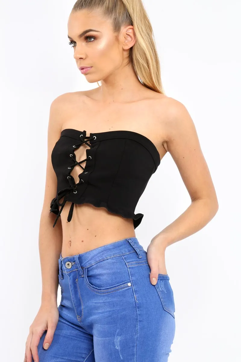 Black Lace Up Front Frill Bandeau Crop Top - Cyndi