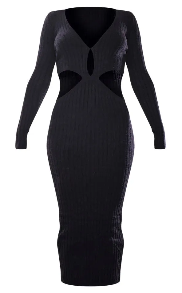 Black rib knit key hole cut out midaxi dress