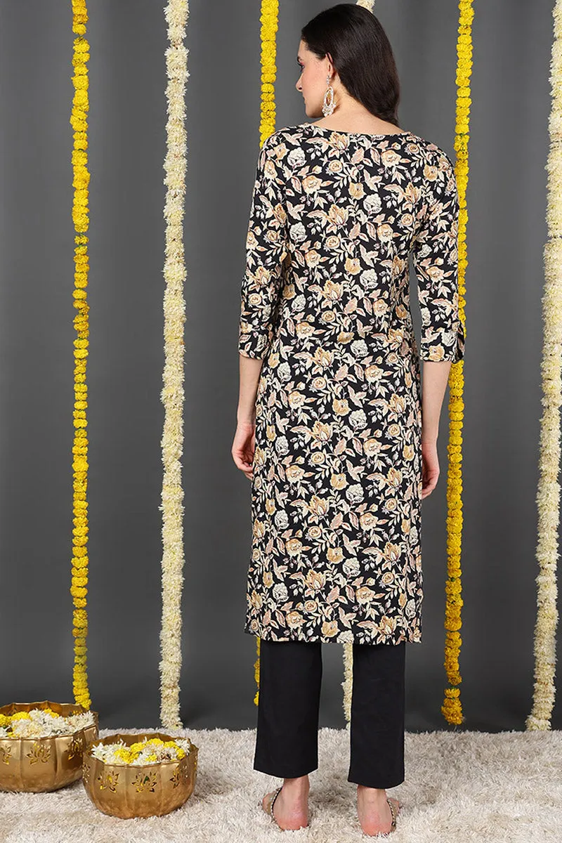 Black Viscose Rayon Floral Printed Straight Kurta