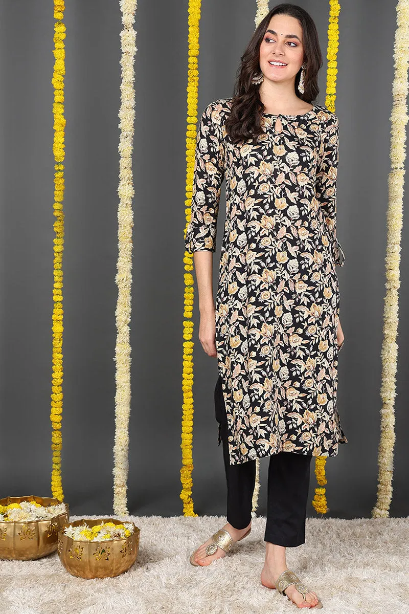 Black Viscose Rayon Floral Printed Straight Kurta