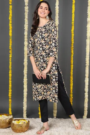 Black Viscose Rayon Floral Printed Straight Kurta