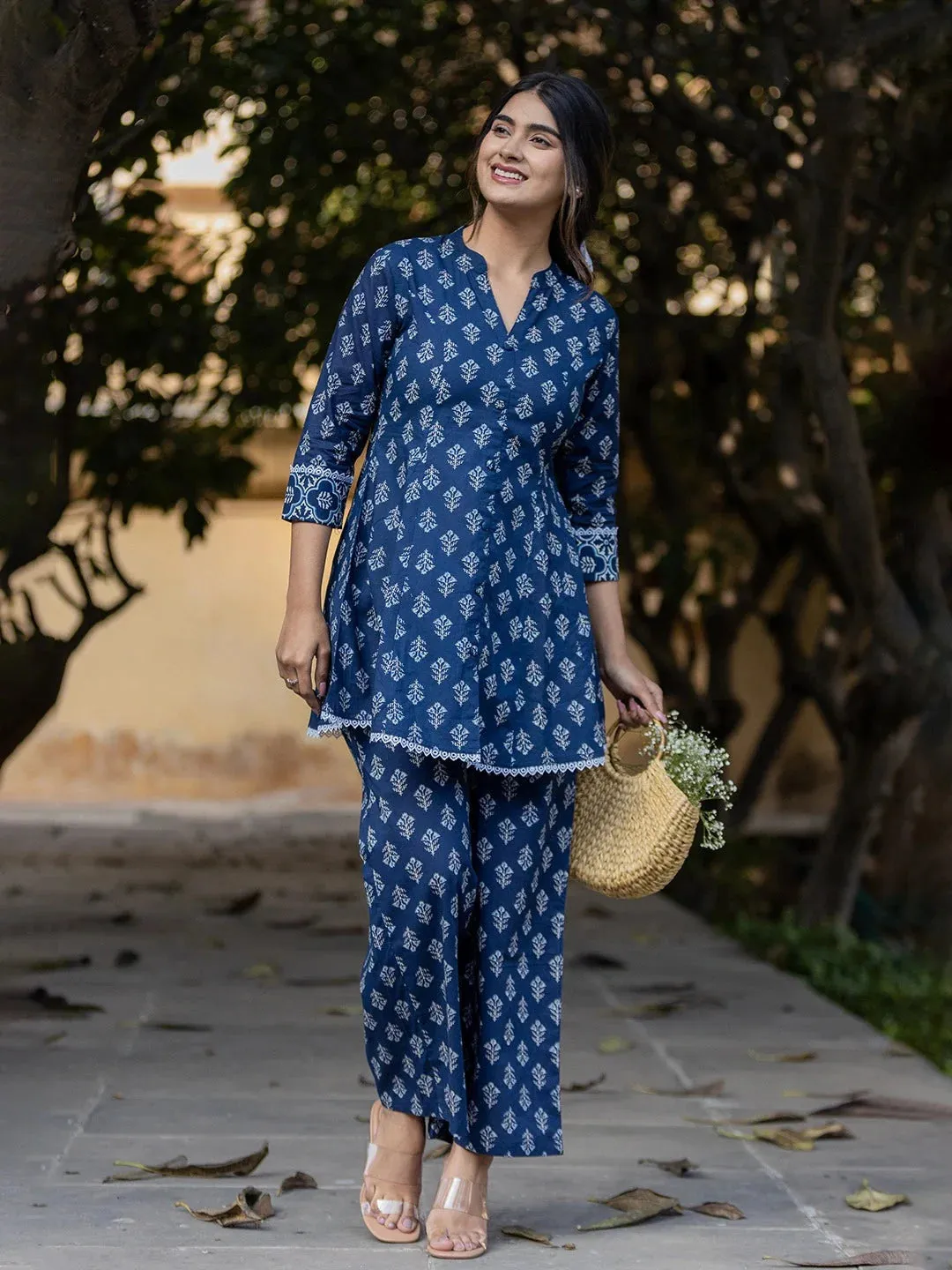 Blue Floral Print Cotton Co-Ord Set