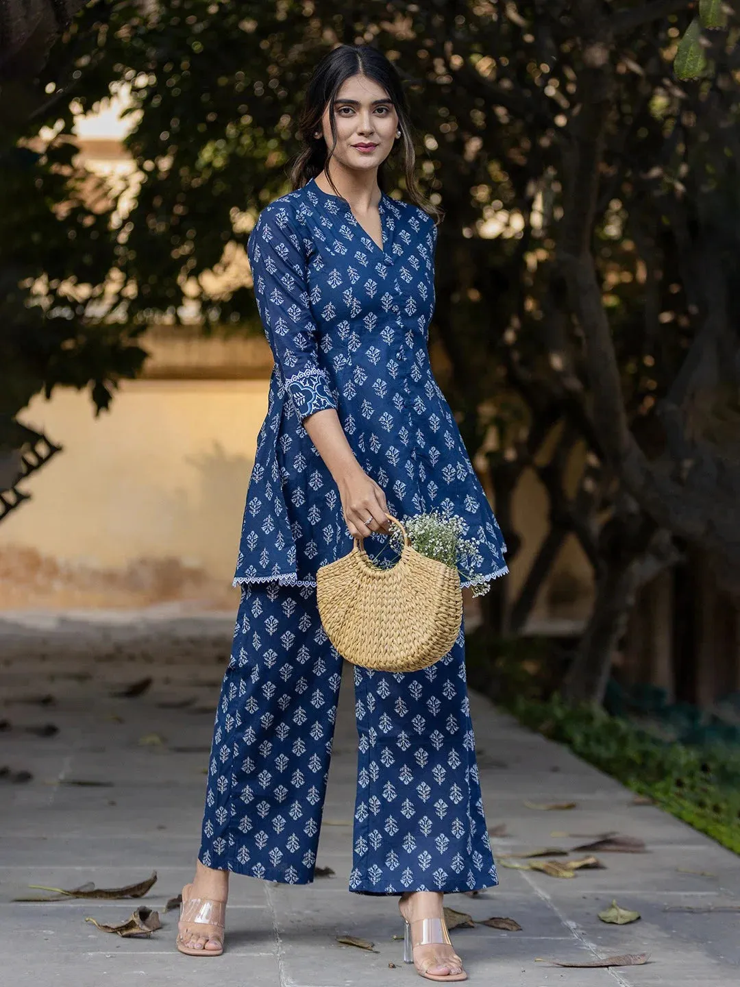 Blue Floral Print Cotton Co-Ord Set