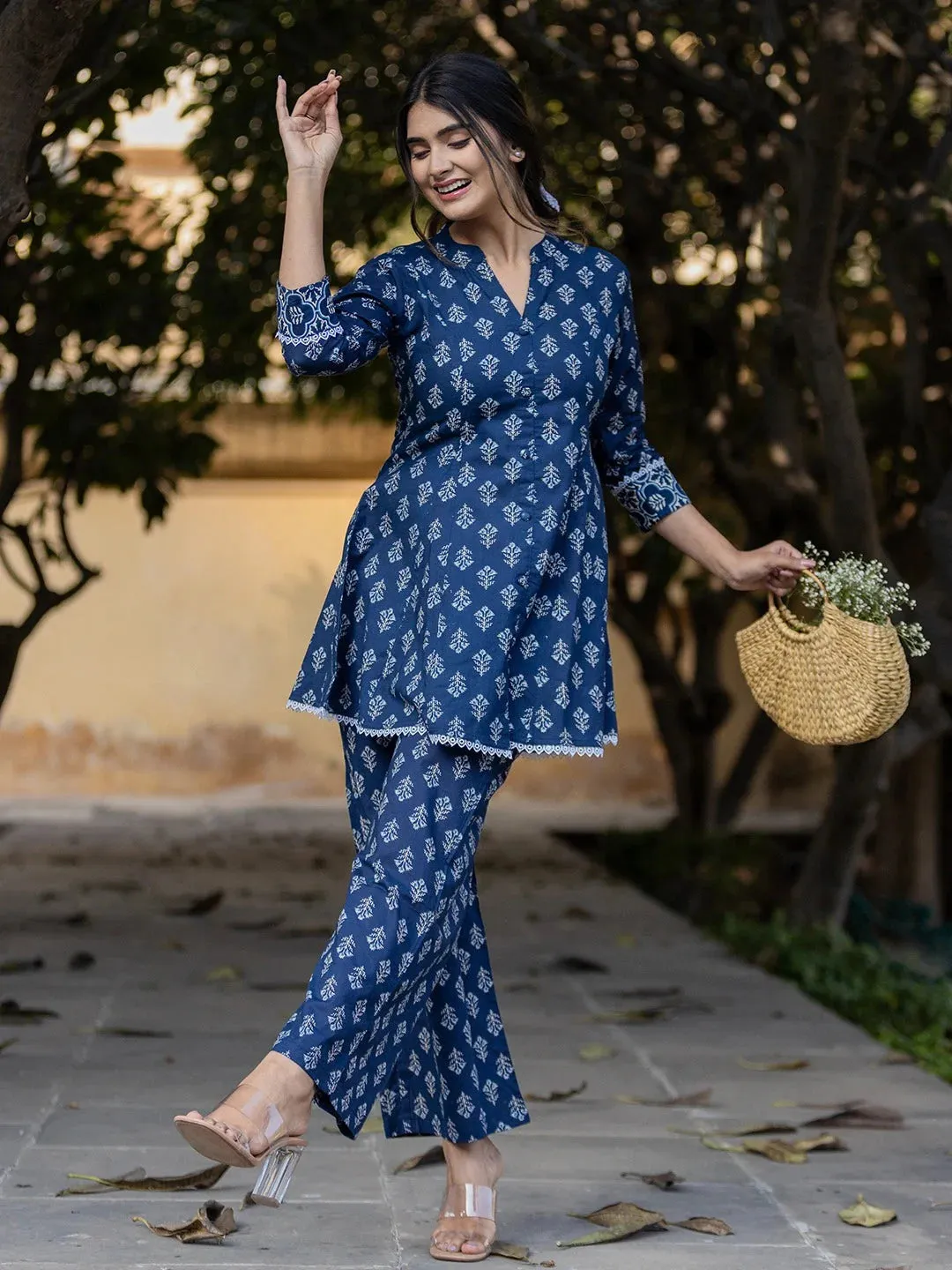 Blue Floral Print Cotton Co-Ord Set