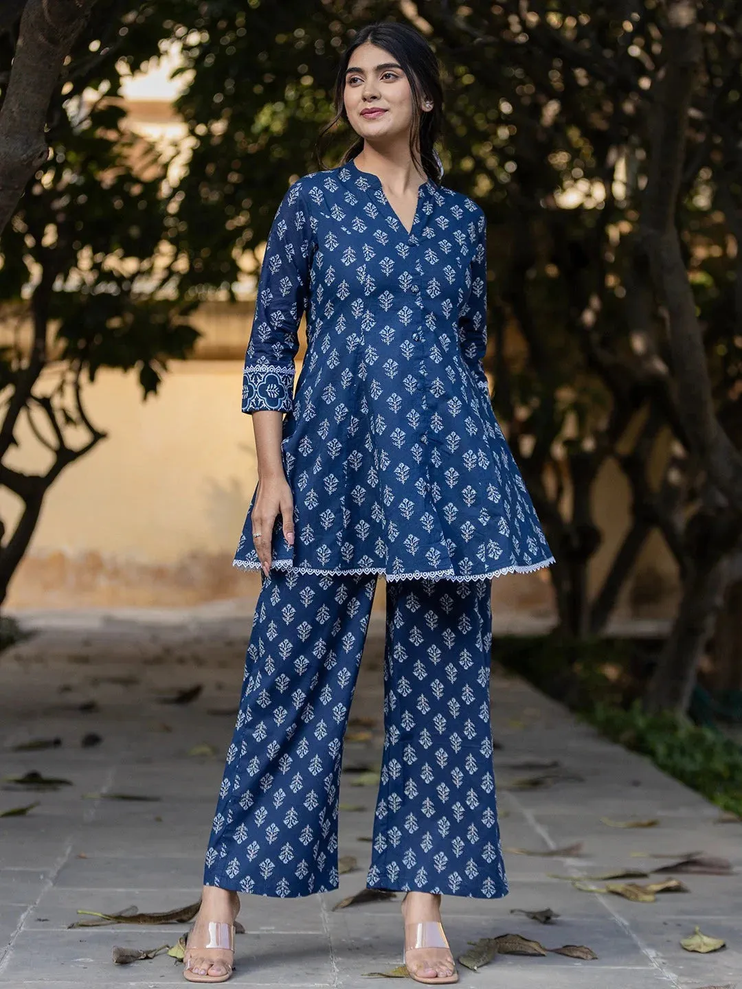 Blue Floral Print Cotton Co-Ord Set