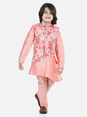 Boys Ethnic Festive Wear Assymetric Kurta Pajama with Floral Printed Jacket-Peach