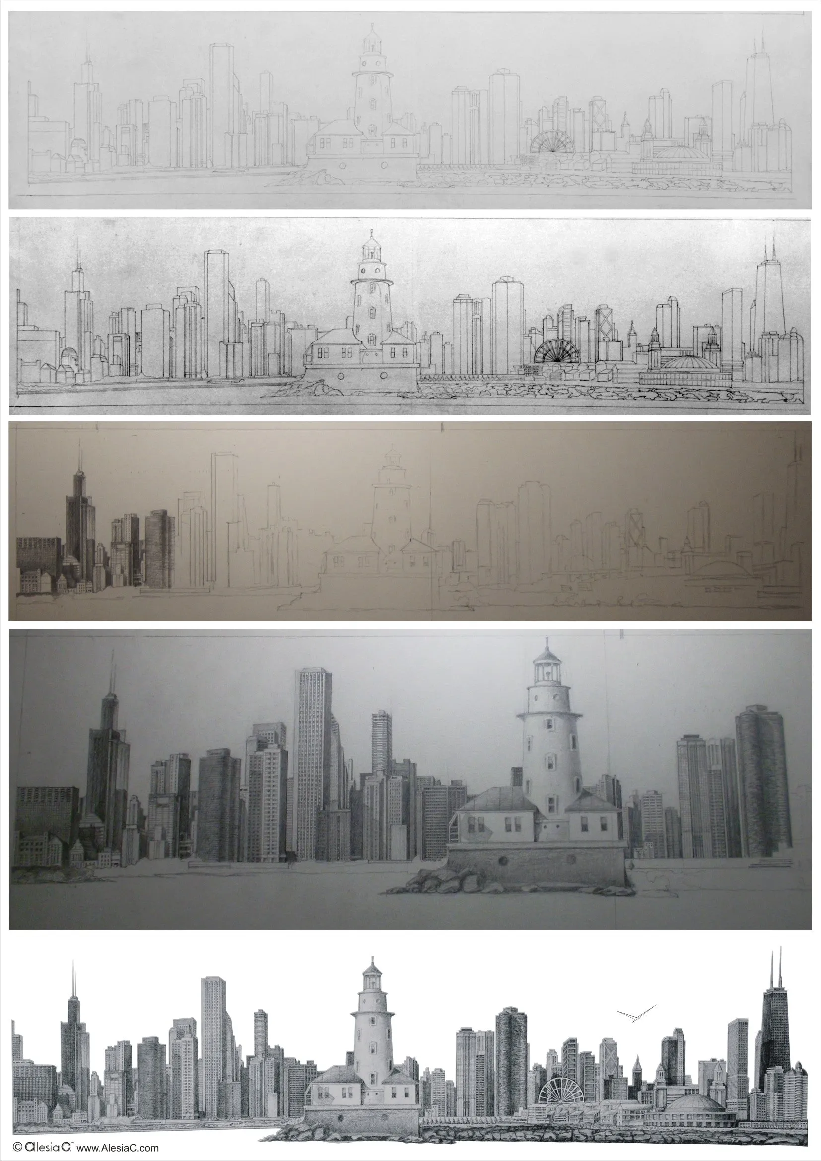CHICAGO Skyline Canvas Pencil Illustration Giclee Print Rolled