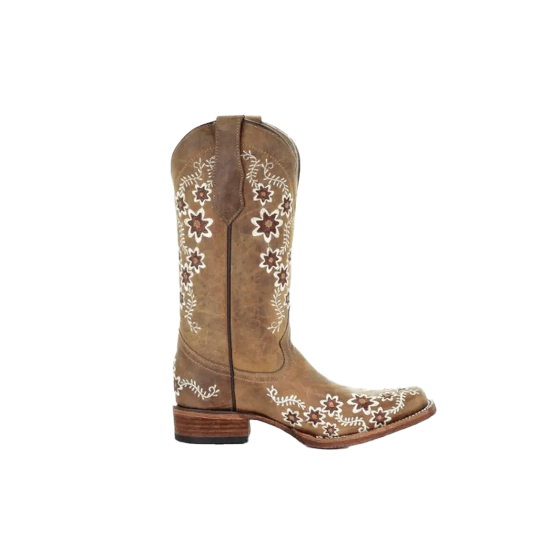 Corral Boots Women's Circle G Tan Floral Embroidery Square Toe Boots