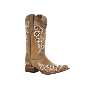 Corral Boots Women's Circle G Tan Floral Embroidery Square Toe Boots