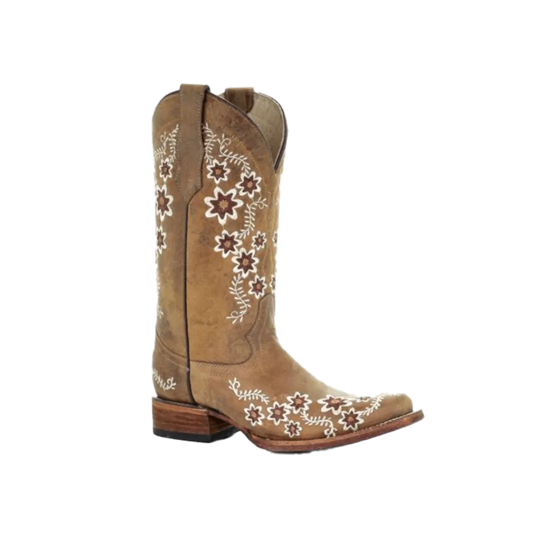 Corral Boots Women's Circle G Tan Floral Embroidery Square Toe Boots
