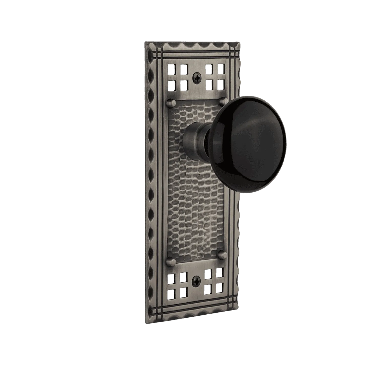 Craftsman Long Plate with Black Porcelain Knob in Antique Pewter
