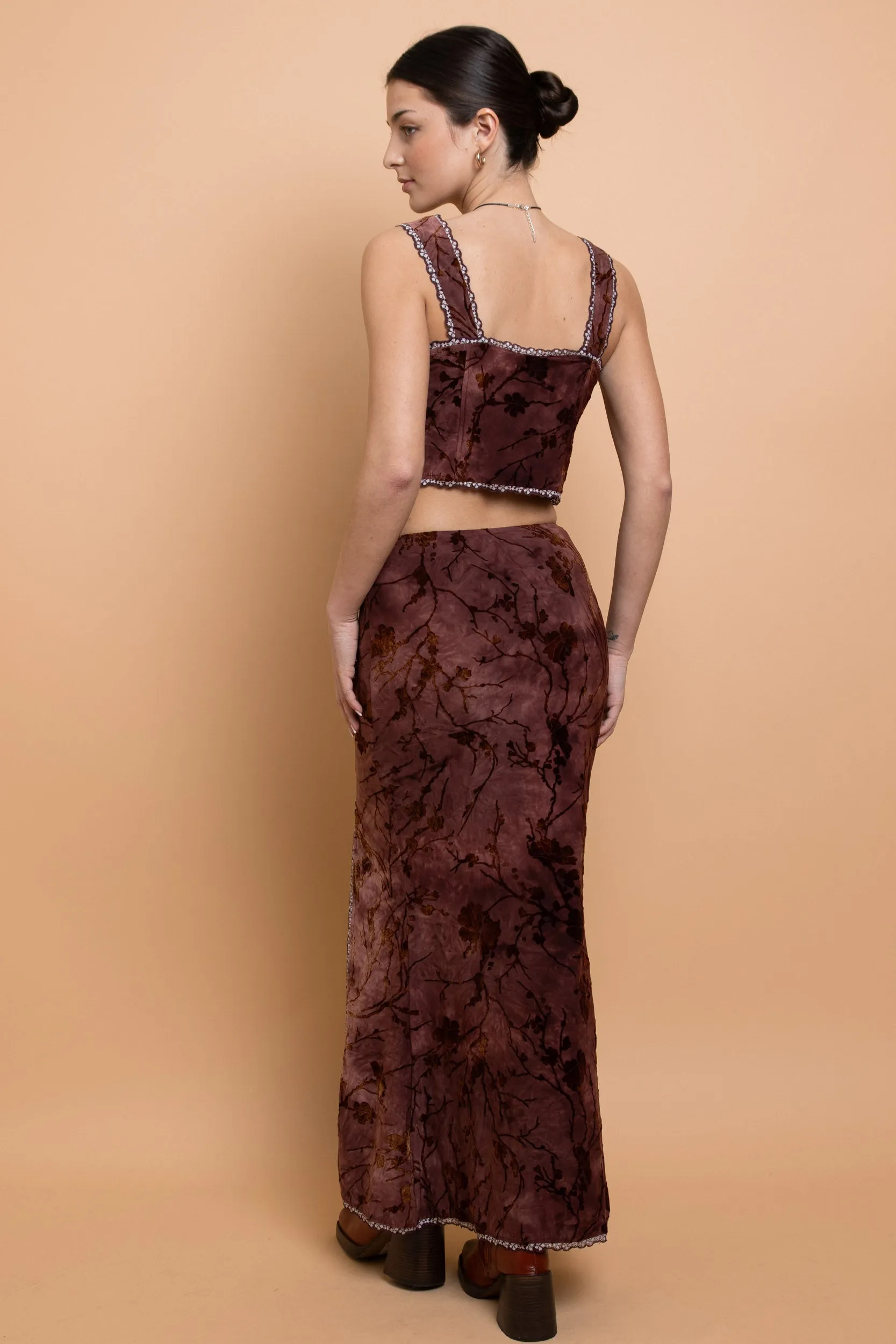 Daisy Street Mid Rise Devore Maxi Skirt With Lace Trim
