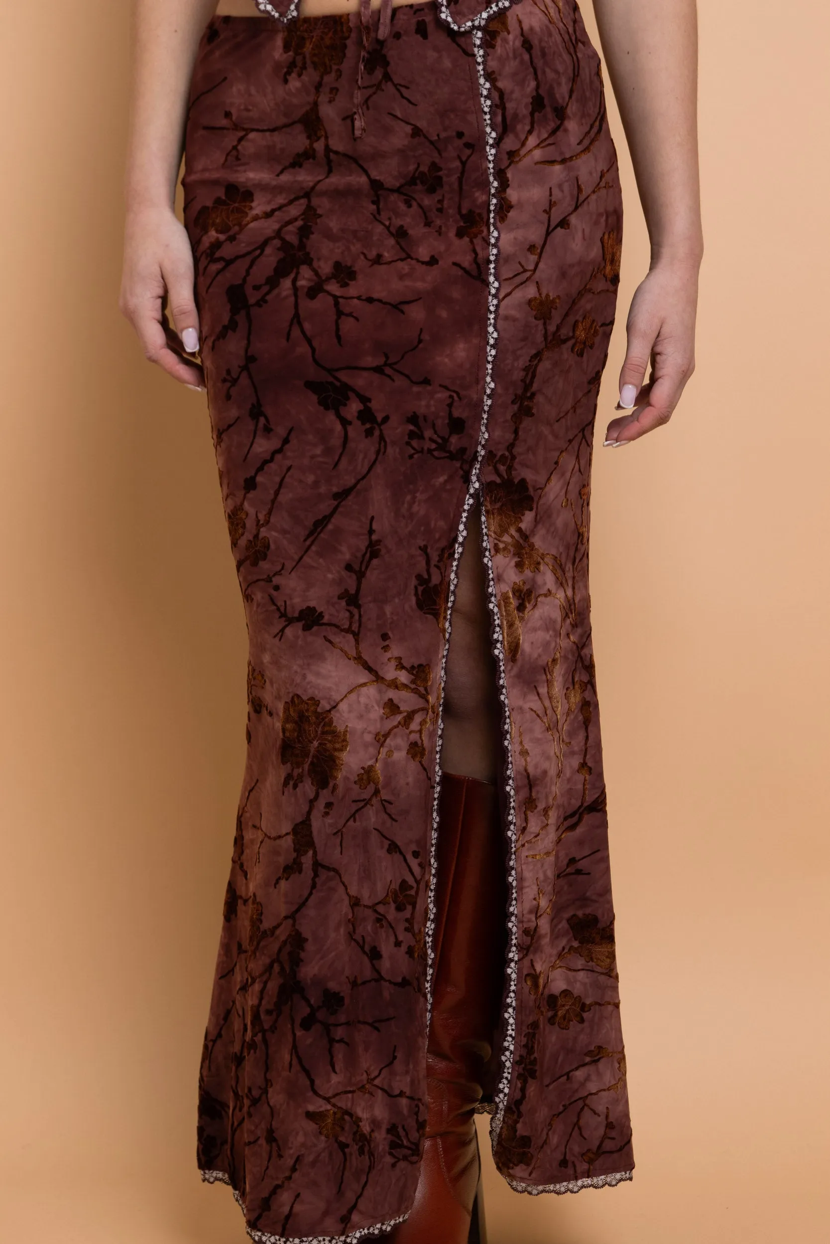 Daisy Street Mid Rise Devore Maxi Skirt With Lace Trim