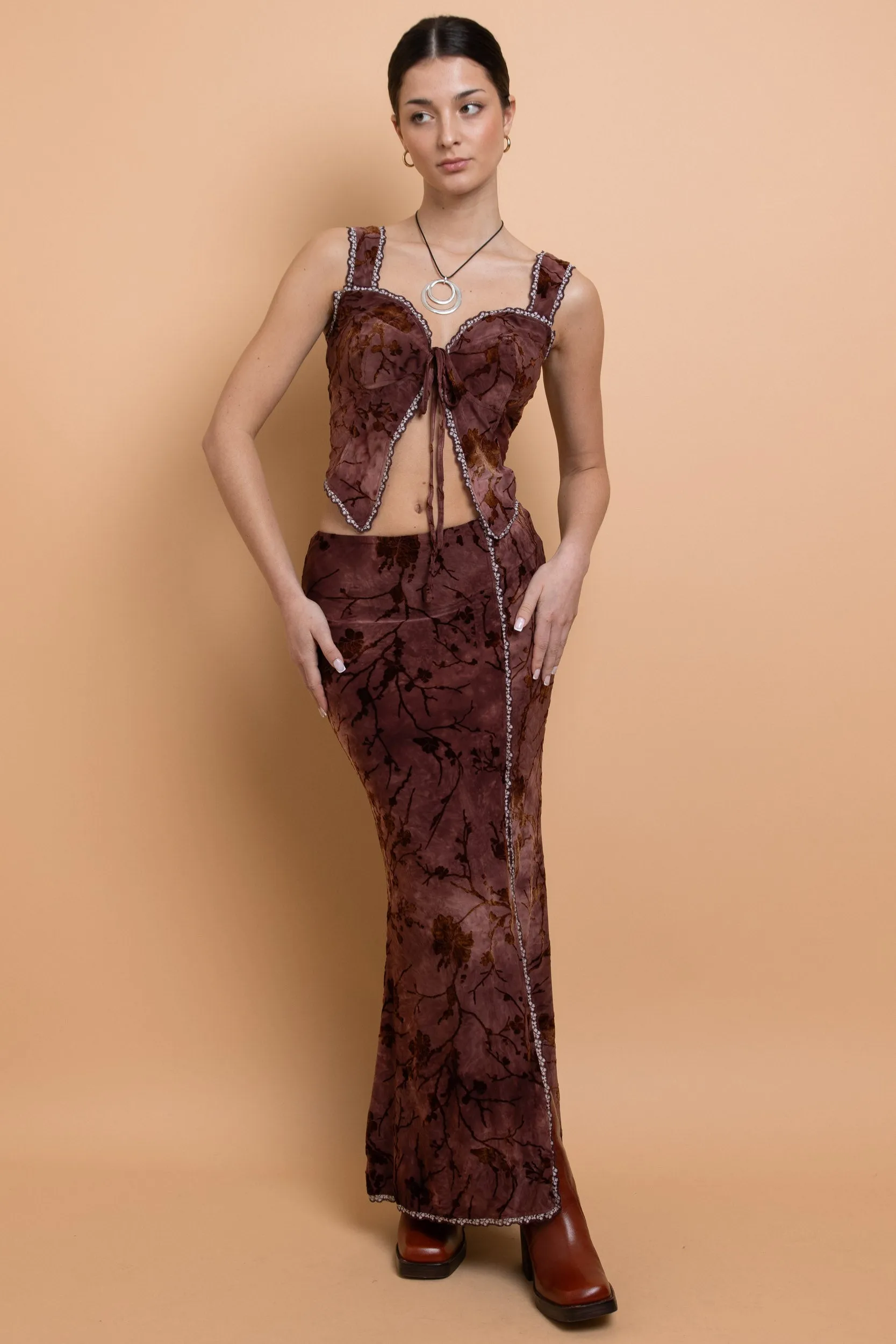 Daisy Street Mid Rise Devore Maxi Skirt With Lace Trim