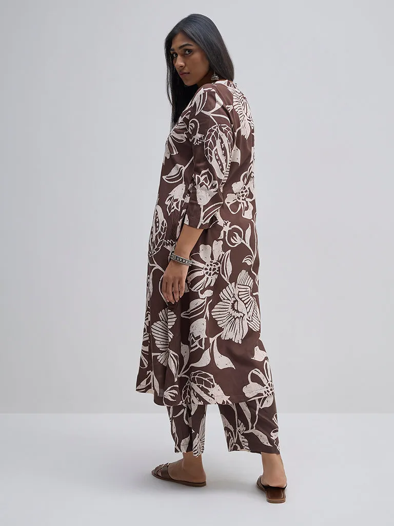 Diza Brown Floral Design A-Line Kurta