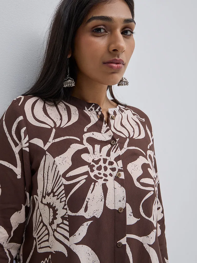 Diza Brown Floral Design A-Line Kurta