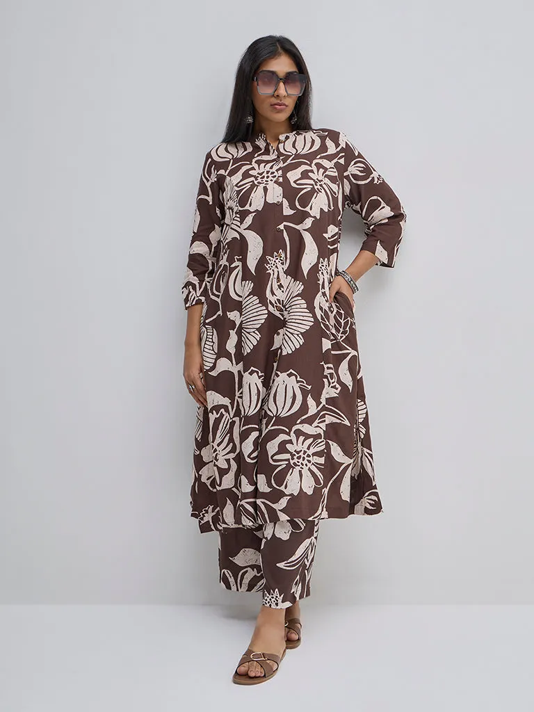 Diza Brown Floral Design A-Line Kurta