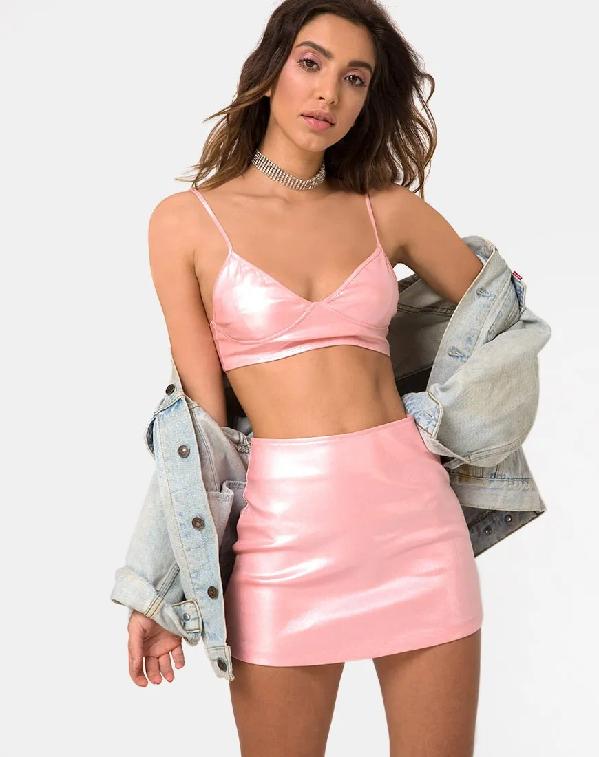 Ewi Mini Skirt in Metallic Shimmer Baby Pink