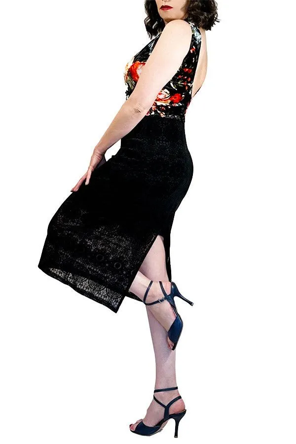 floral & black velvet tango dress with back slit