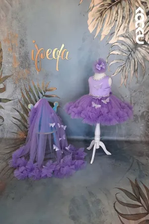 G3003 - Round Neck Crystals Butterfly Tulle Baby Girl Gown With Detachable Train
