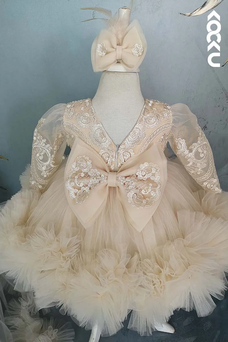 G3005 - Nude Round Neck Lace Tulle Baby Girl Gown With Detachable Train