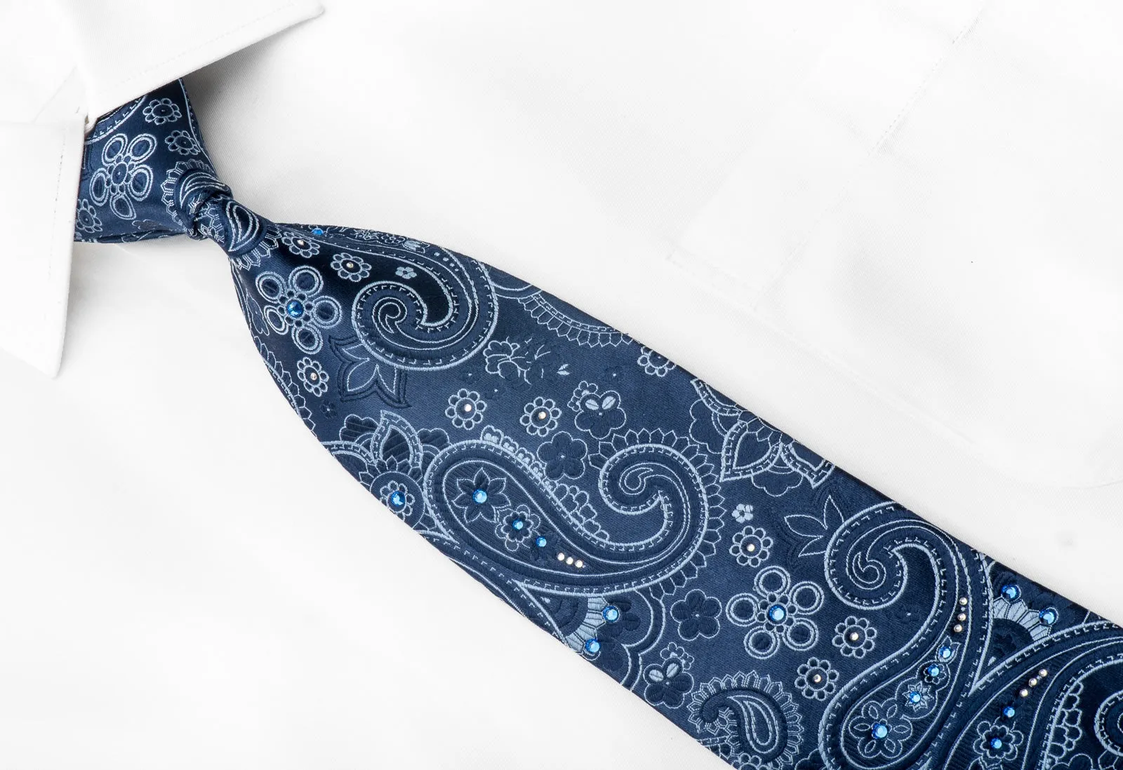 Gallieni Men's Silk Necktie Paisley On Blue Sparkling With Crystal Rhinestones