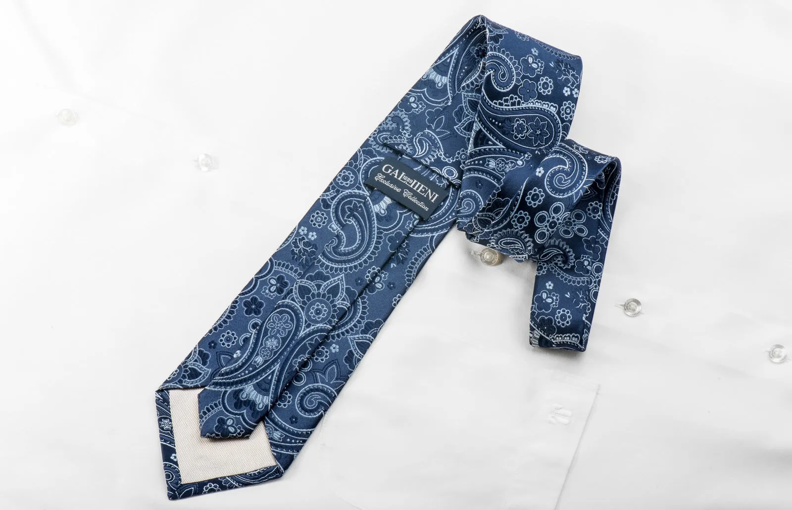 Gallieni Men's Silk Necktie Paisley On Blue Sparkling With Crystal Rhinestones