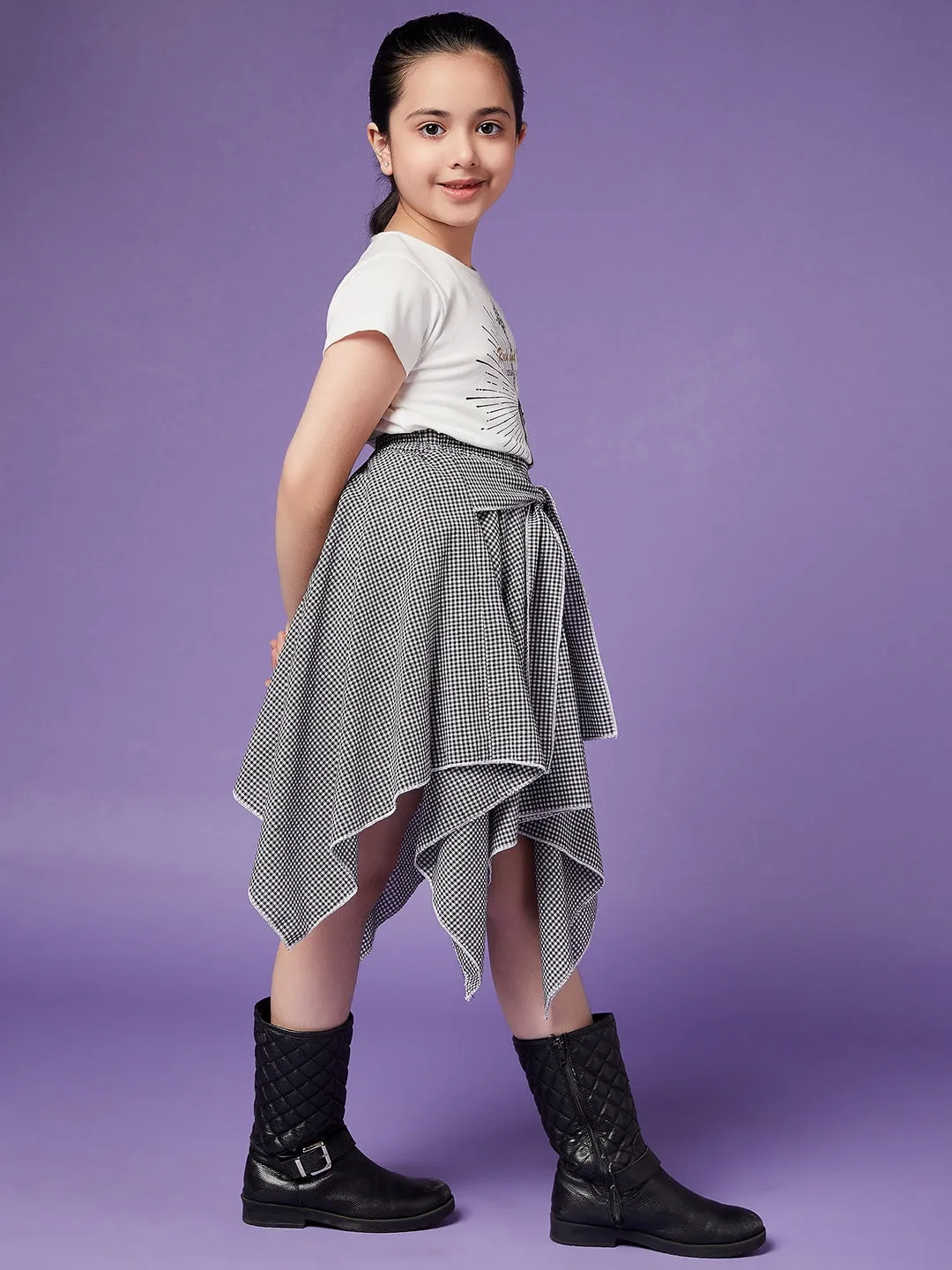 Girls Pure Cotton Top With Checked Skirt