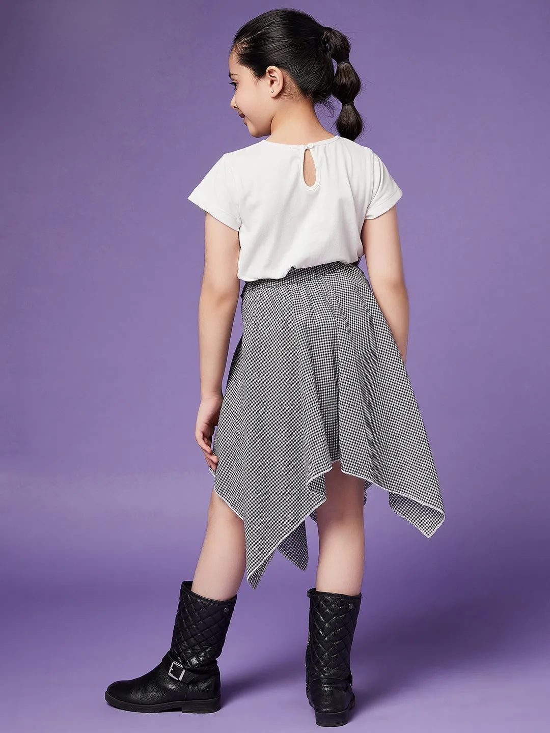 Girls Pure Cotton Top With Checked Skirt