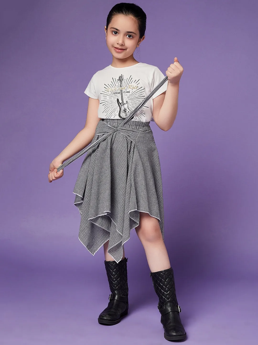 Girls Pure Cotton Top With Checked Skirt