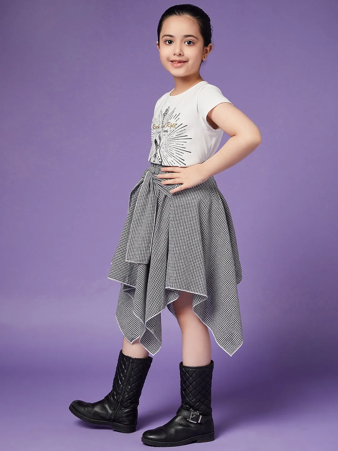 Girls Pure Cotton Top With Checked Skirt
