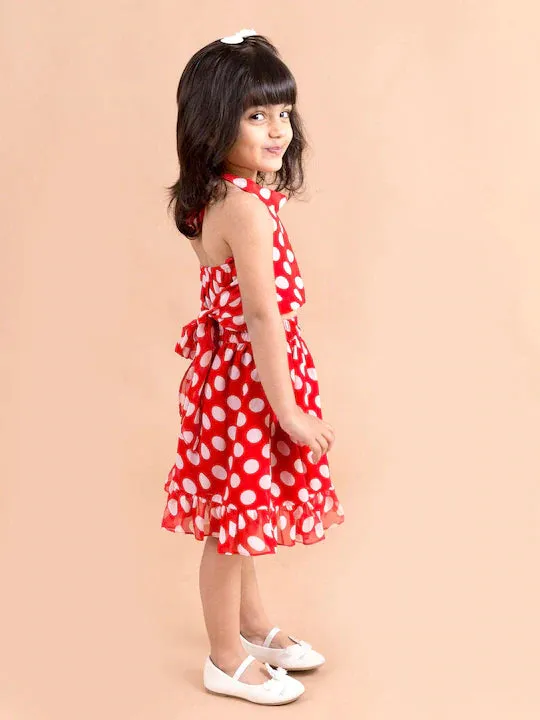 Girls Red White Printed Top With Skirt
