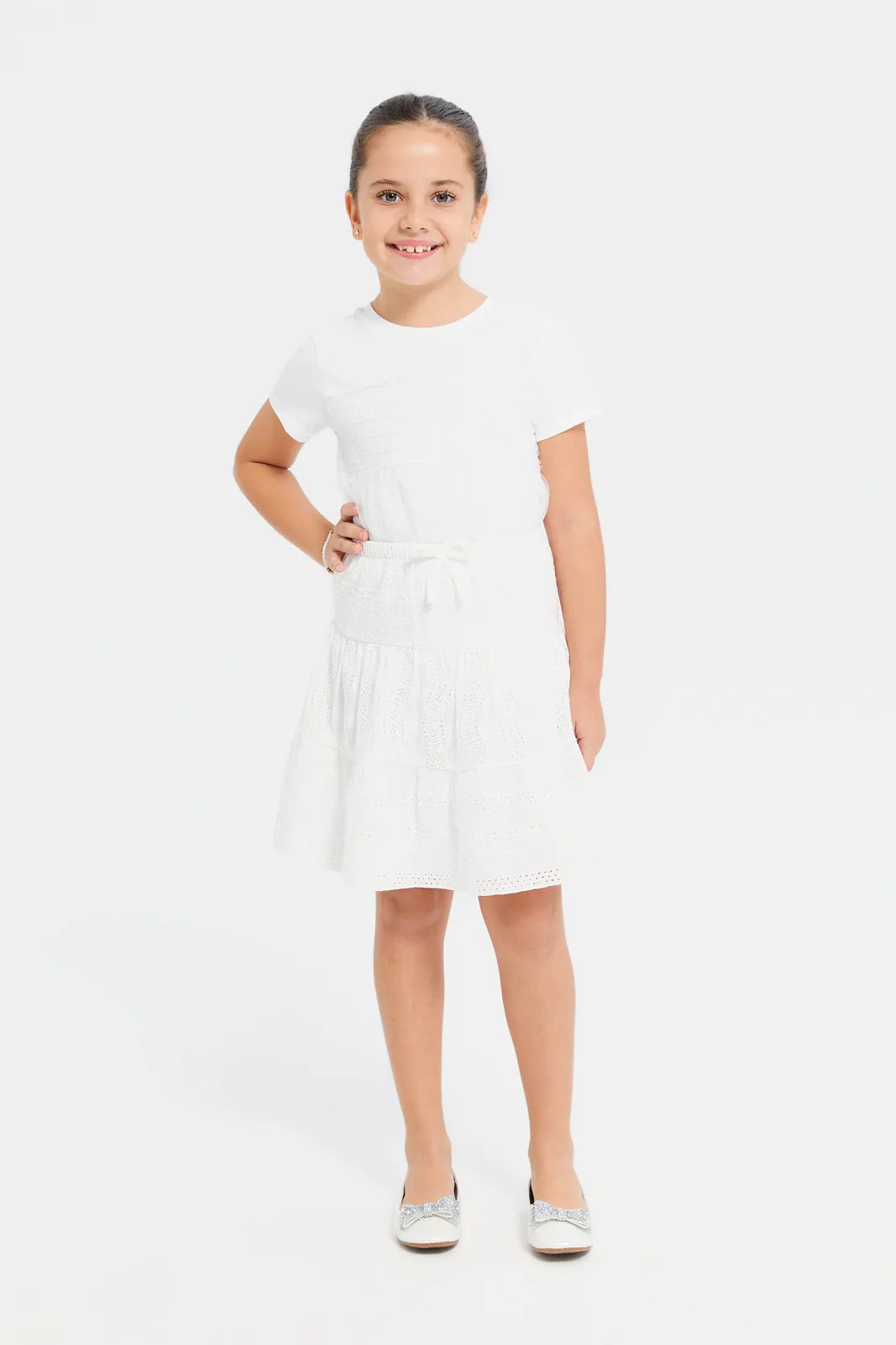 Girls White Embroidered Skirt