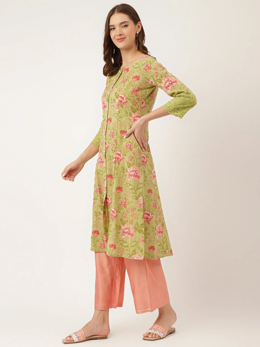 Green Floral Print Cotton A-Line Kurta