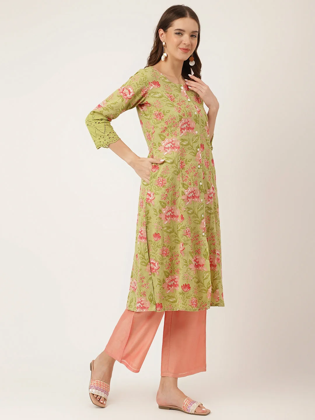 Green Floral Print Cotton A-Line Kurta