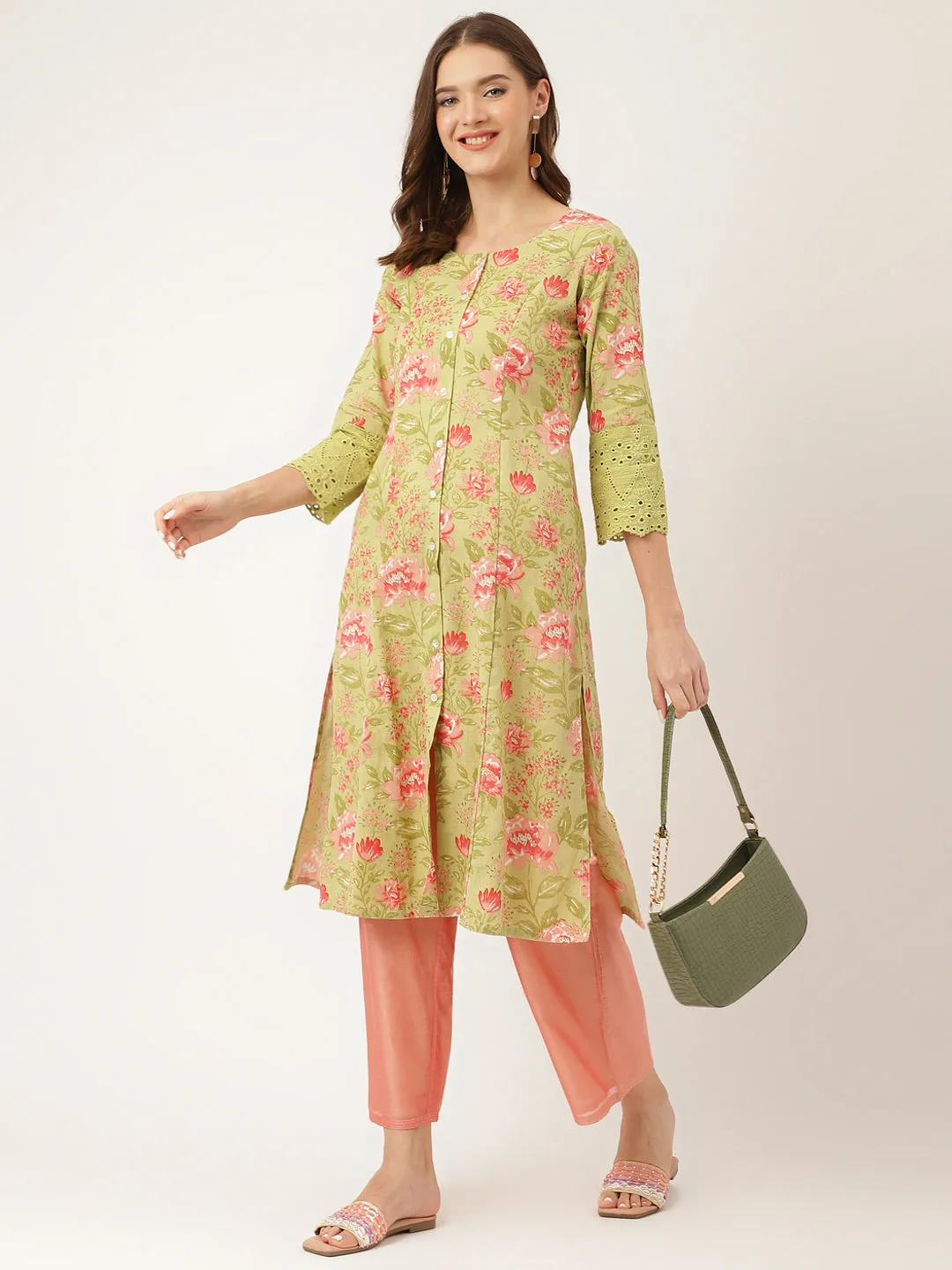 Green Floral Print Cotton A-Line Kurta