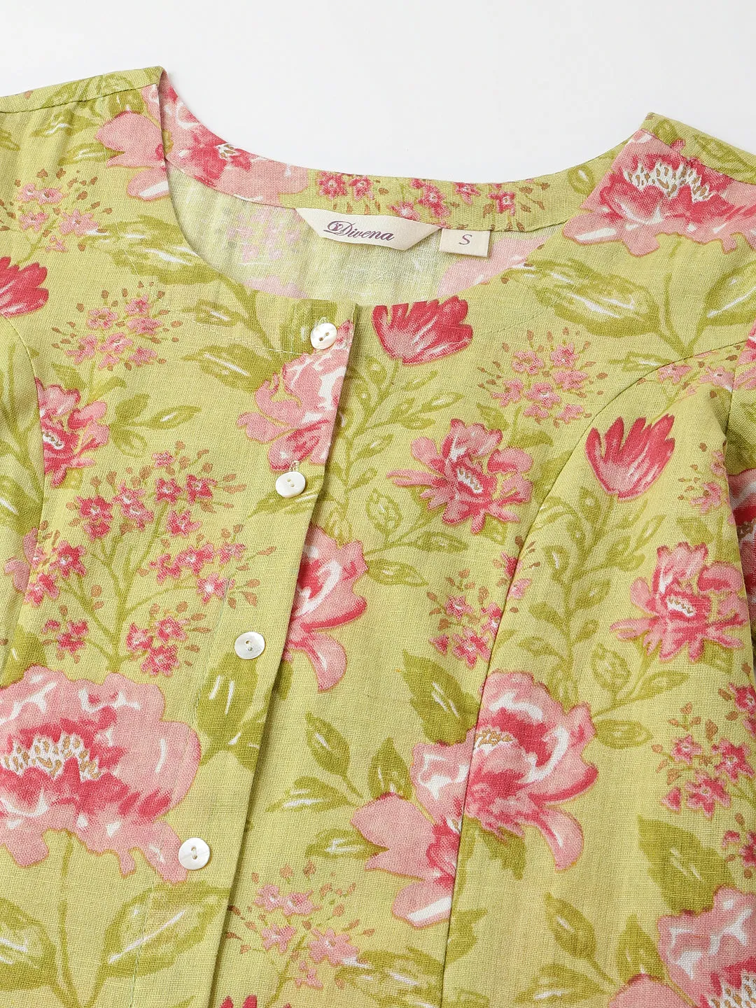 Green Floral Print Cotton A-Line Kurta